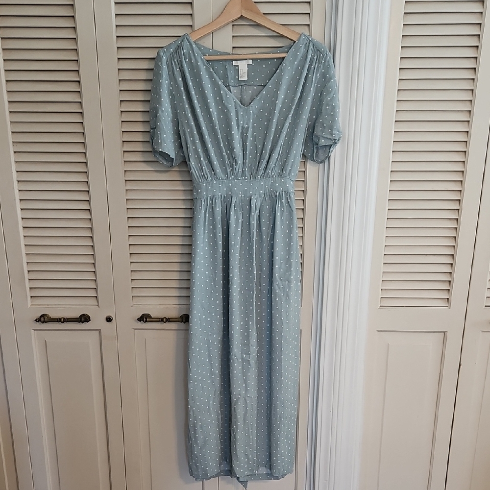 GUC H&M Duck Egg Blue Green Polka Dot Midi Dress Size 6 Spring Cottagecore